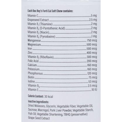 Doc Roy's® Forti Cal™,"Back label with supplement facts and ingredient list"