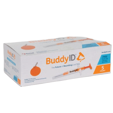 BuddyID®  ISO Microchip,"Box with syringe and orange tag illustration"
