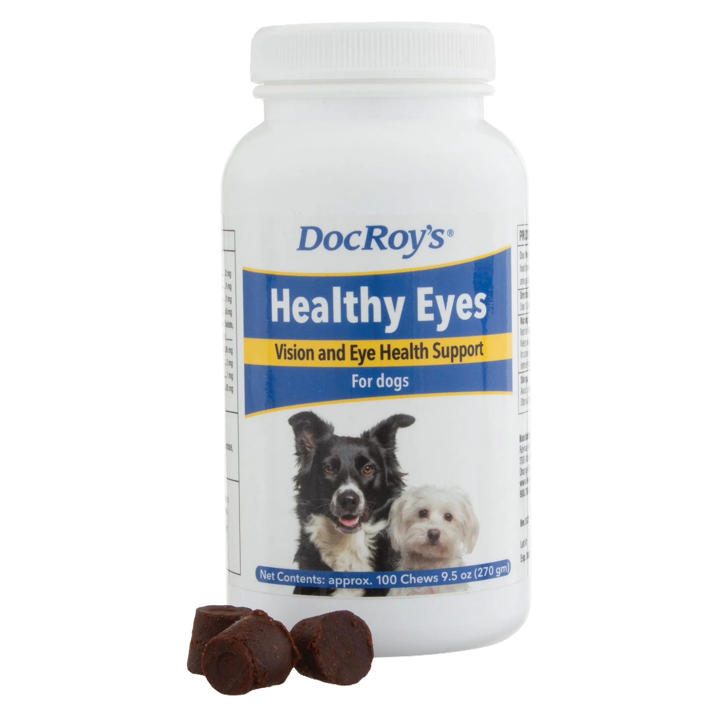 Doc Roy's® Healthy Eyes™,"White supplement bottle with dog label and brown chews"