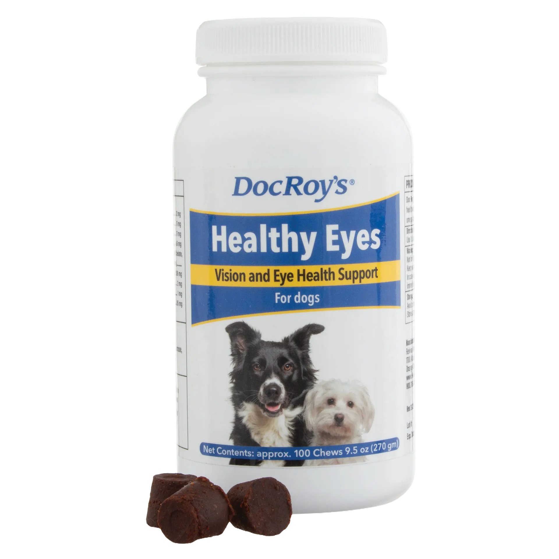 Doc Roy's® Healthy Eyes™,"White supplement bottle with dog label and brown chews"