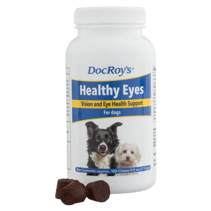 Doc Roy's® Healthy Eyes™,"White supplement bottle with dog label and brown chews"