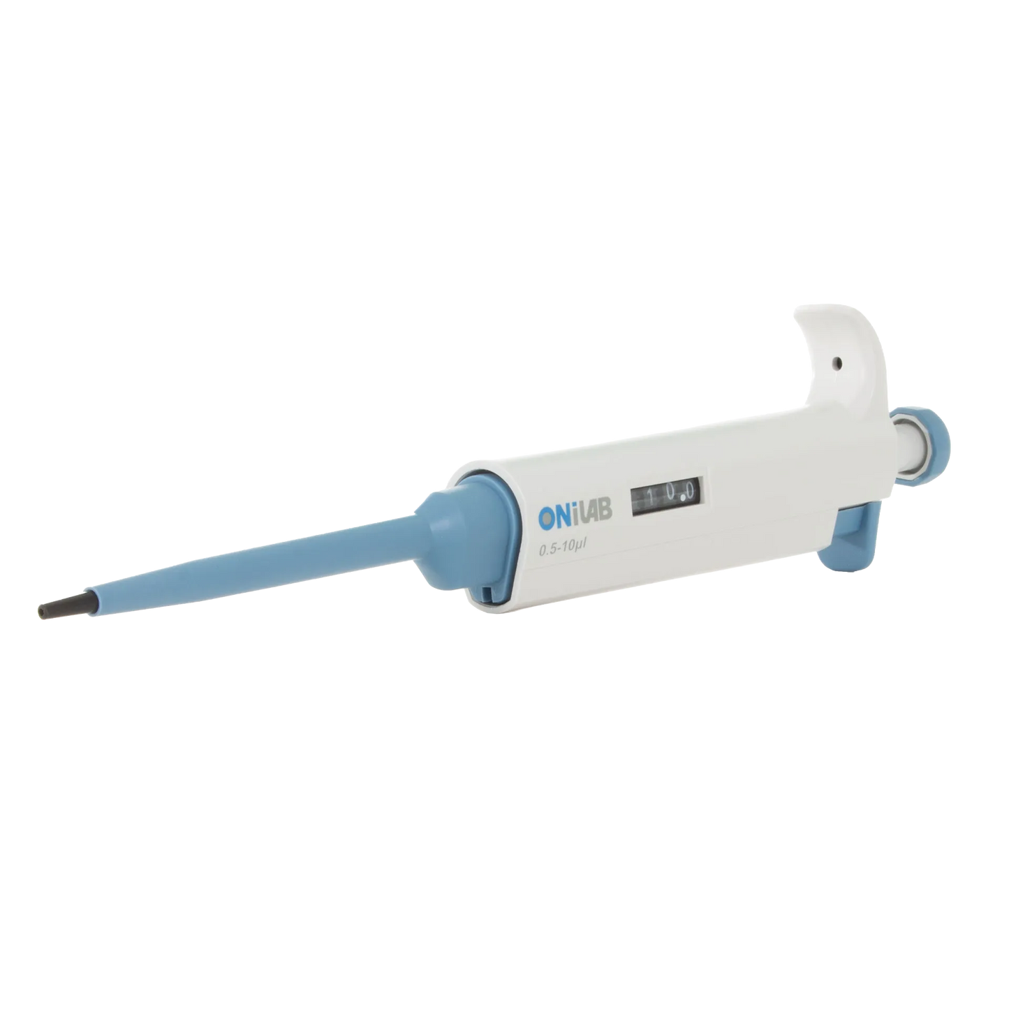 Pipette, .5-10ul,"White and blue micropipette angled side view"