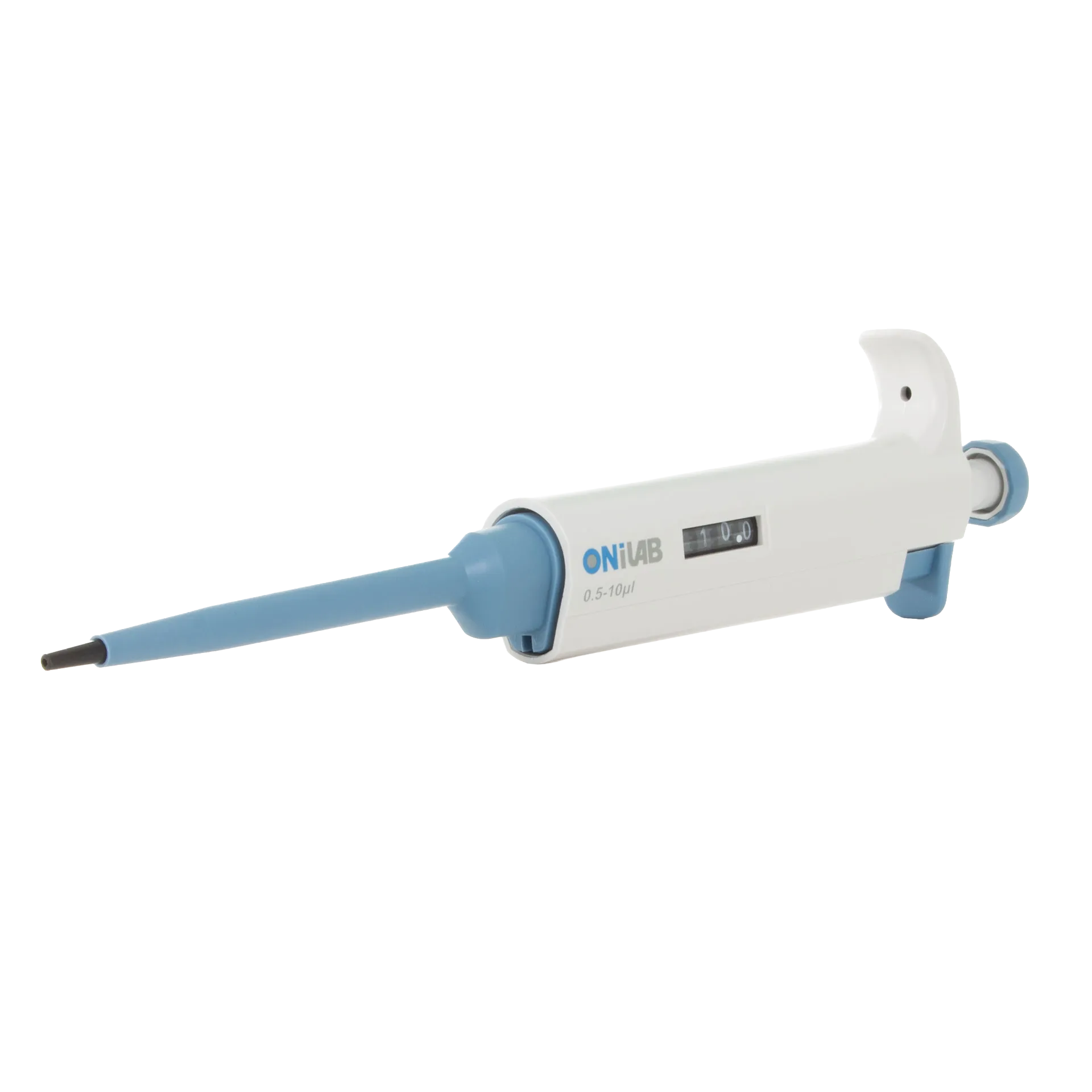 Pipette, .5-10ul,"White and blue micropipette angled side view"