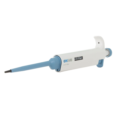 Pipette, .5-10ul,"White and blue micropipette angled side view"
