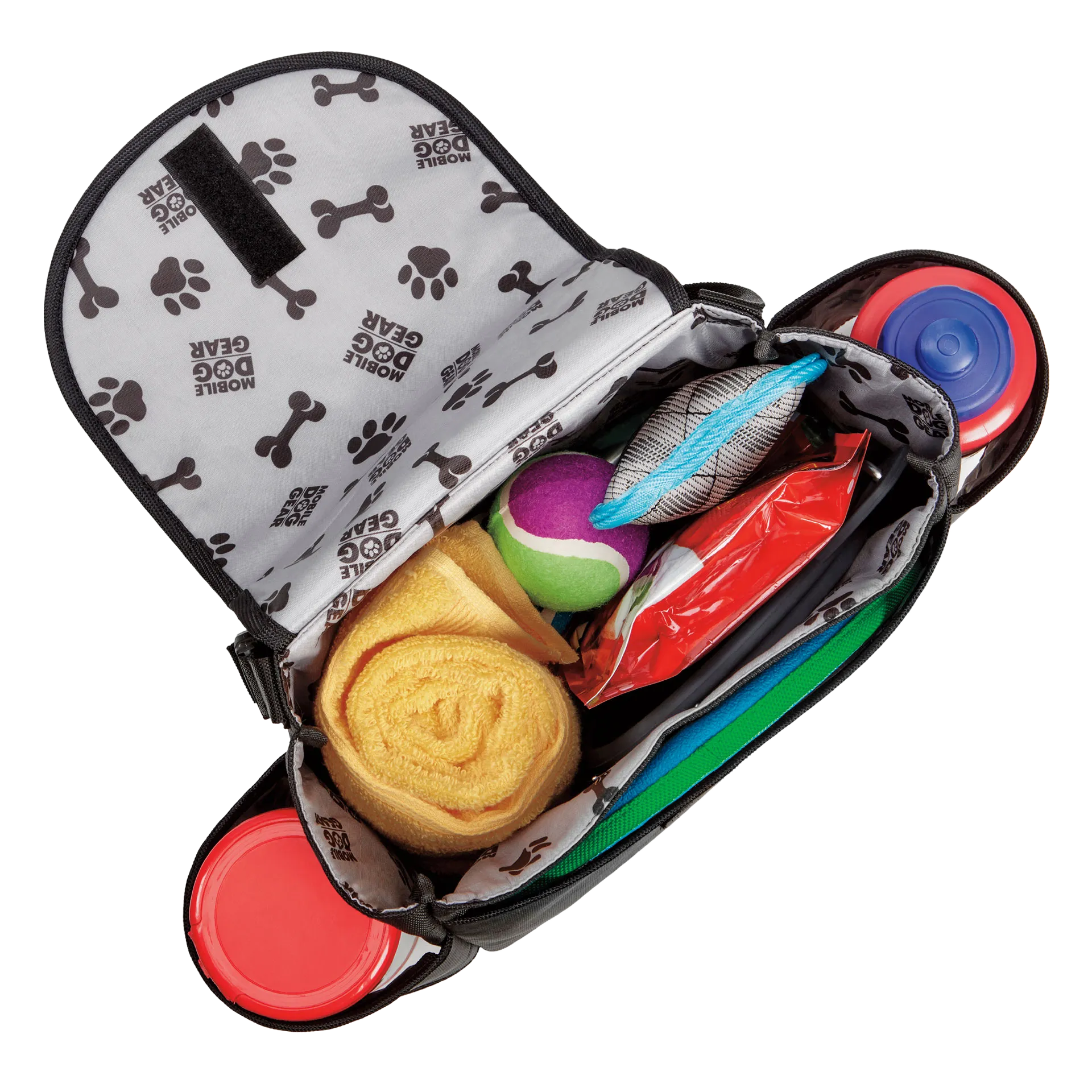 Car Seat Back Organizer Travel Bag,"Open organizer bag with divided compartments and pet travel items"