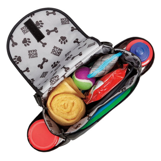Car Seat Back Organizer Travel Bag,"Open organizer bag with divided compartments and pet travel items"