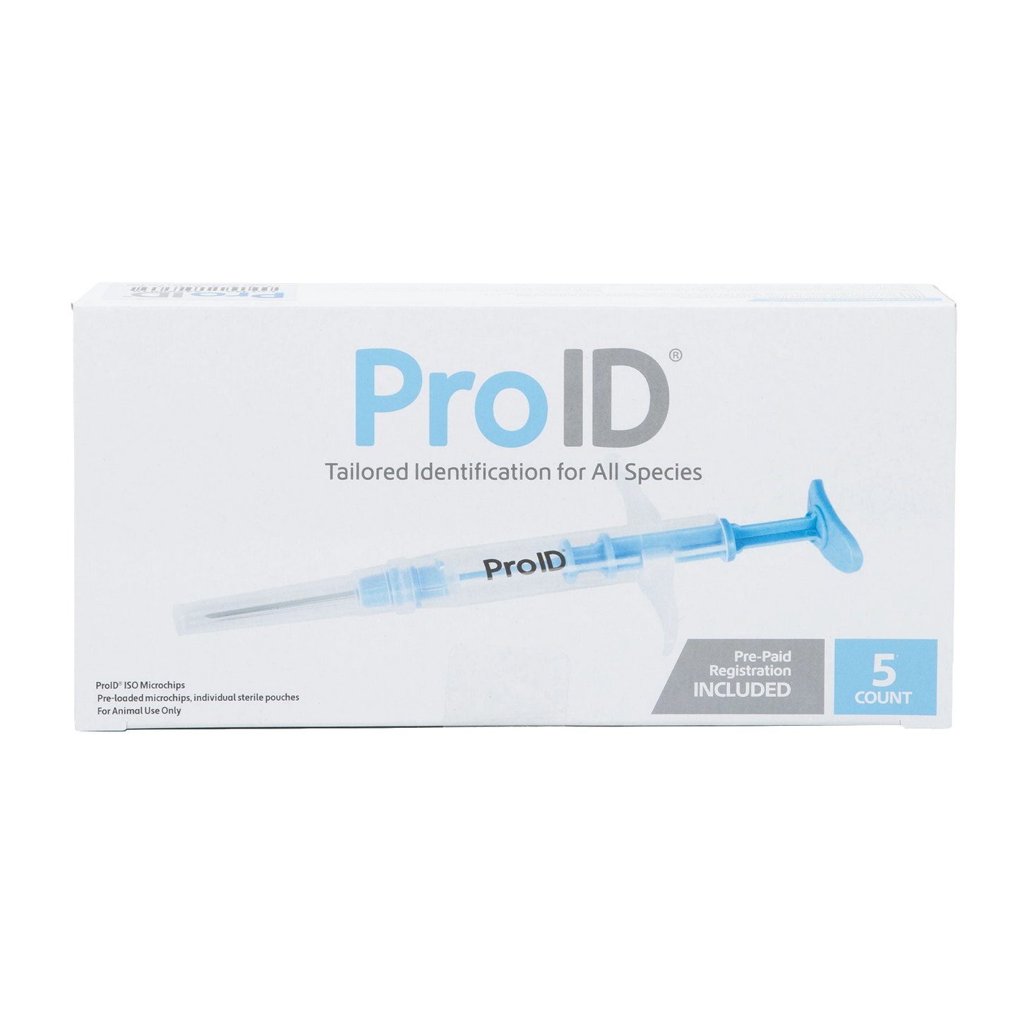 ProID® ISO Microchips,"White product box with blue syringe illustration, 5 count"