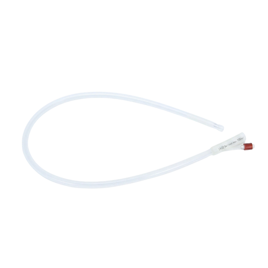 Silicone Embryo Flushing Catheter, 32FR,"Coiled clear catheter tube with red connector tip"