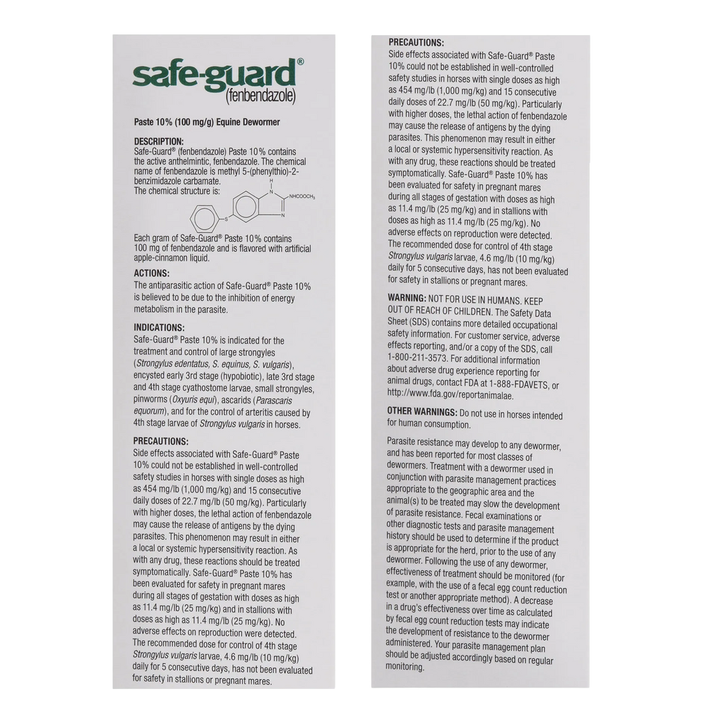 Safe-Guard® Equine Dewormer,"Back label panel with directions and warnings"