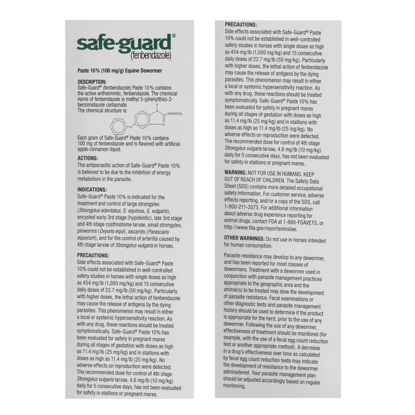 Safe-Guard® Equine Dewormer,"Back label panel with directions and warnings"