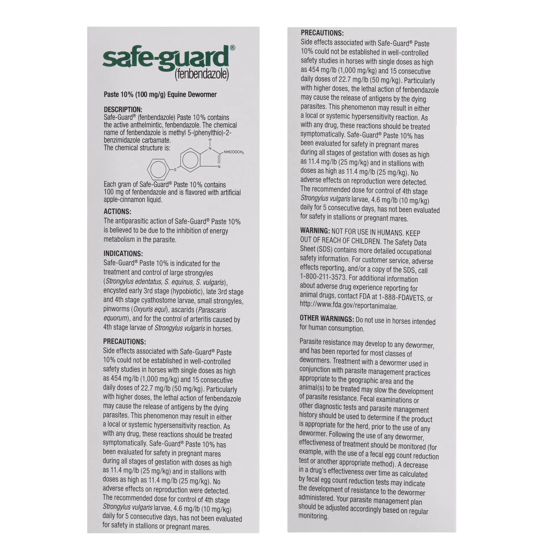 Safe-Guard® Equine Dewormer,"Back label panel with directions and warnings"