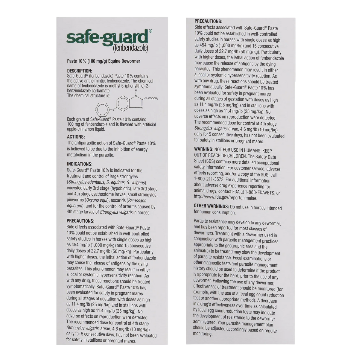 Safe-Guard® Equine Dewormer,"Back label panel with directions and warnings"