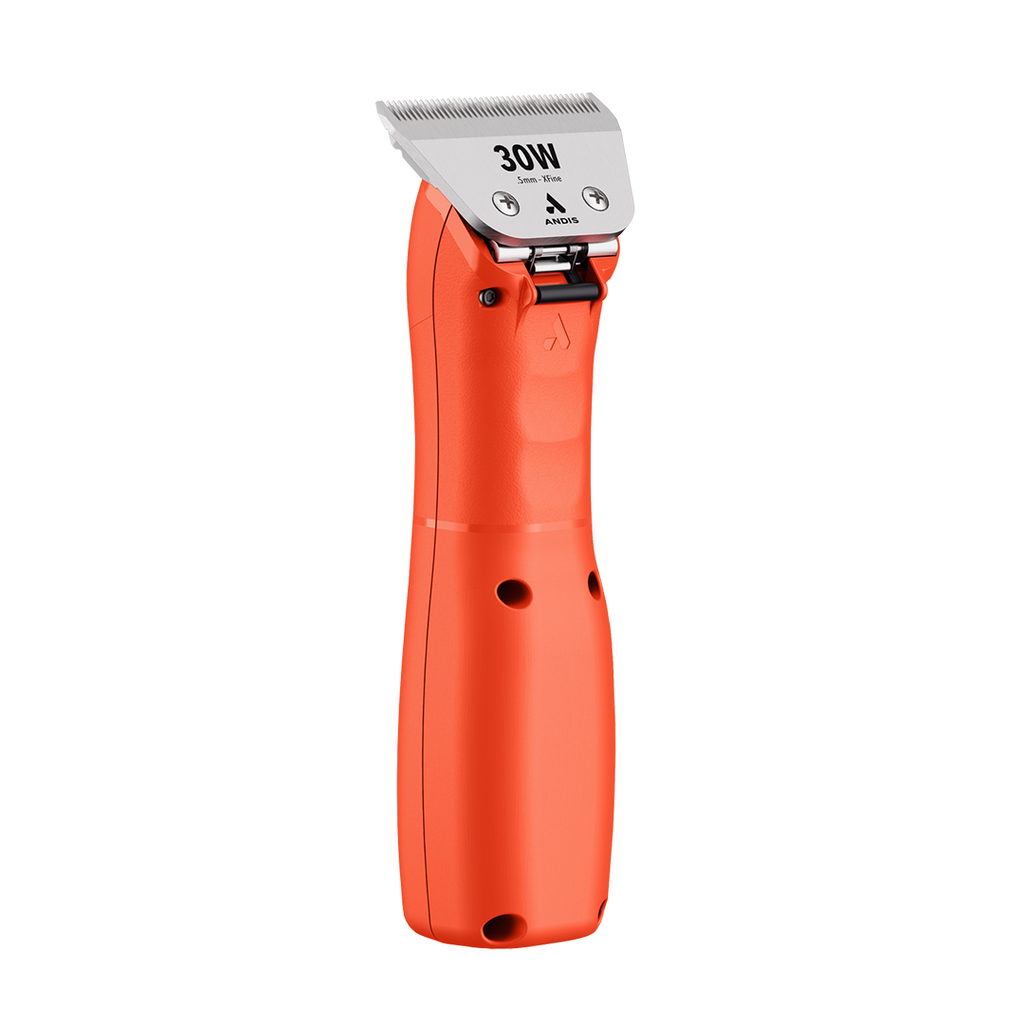 Emerge Clipper Orange with Wide 30 Blade by Andis,"Orange clipper with silver wide blade, angled front view"