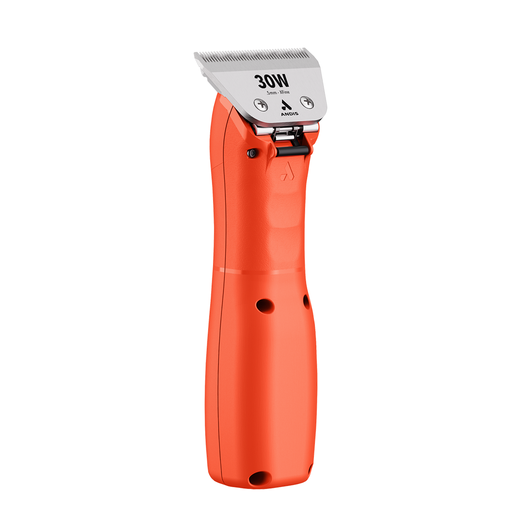 Emerge Clipper Orange with Wide 30 Blade by Andis,"Orange clipper with silver wide blade, angled front view"