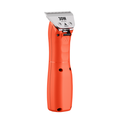 Emerge Clipper Orange with Wide 30 Blade by Andis,"Orange clipper with silver wide blade, angled front view"