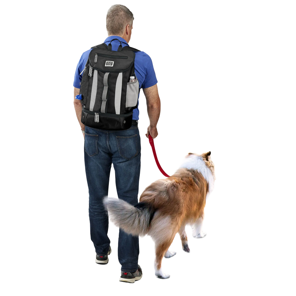 Drop Bottom Week Away Backpack,"Back view of backpack worn with dog leash and side bottle pocket"