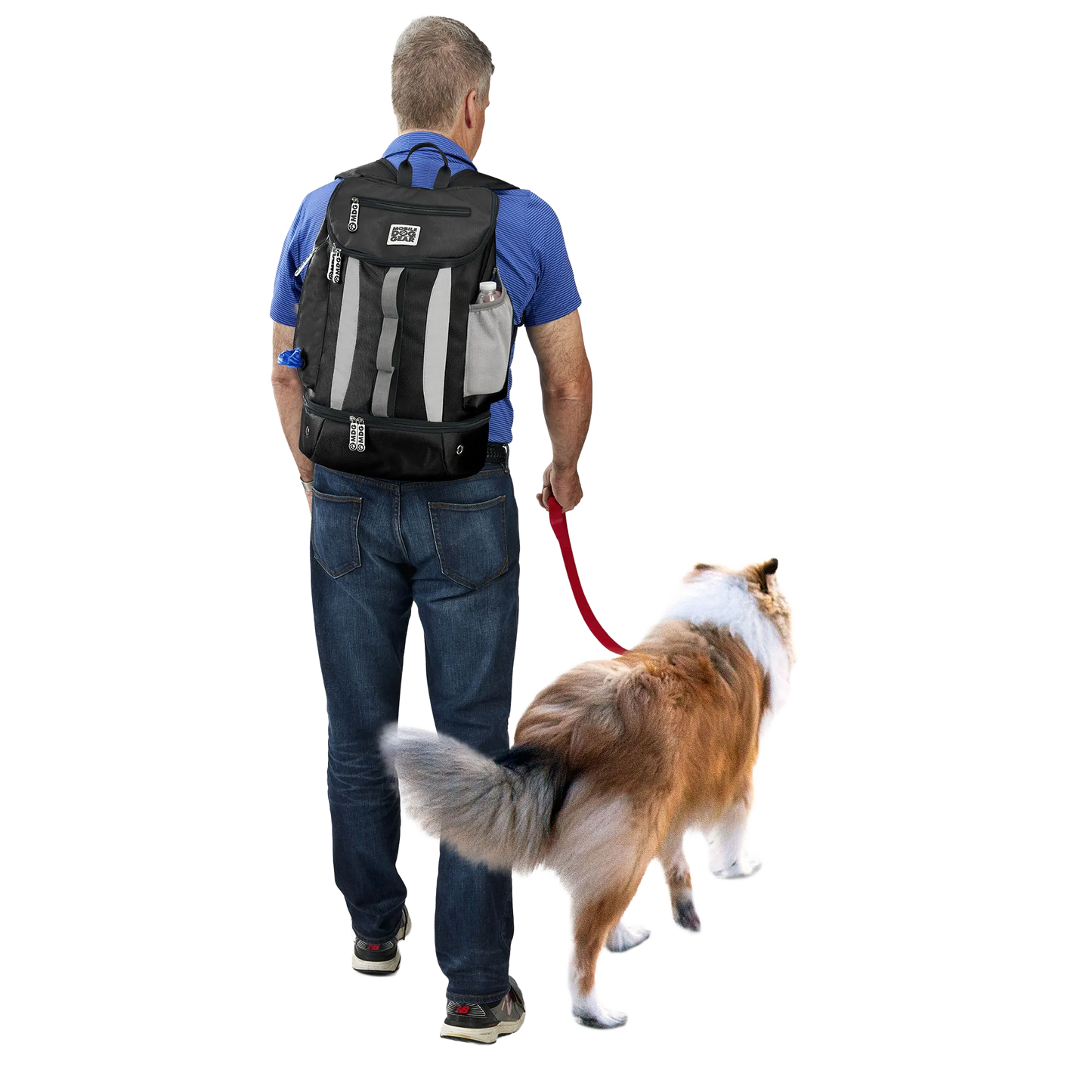 Drop Bottom Week Away Backpack,"Back view of backpack worn with dog leash and side bottle pocket"