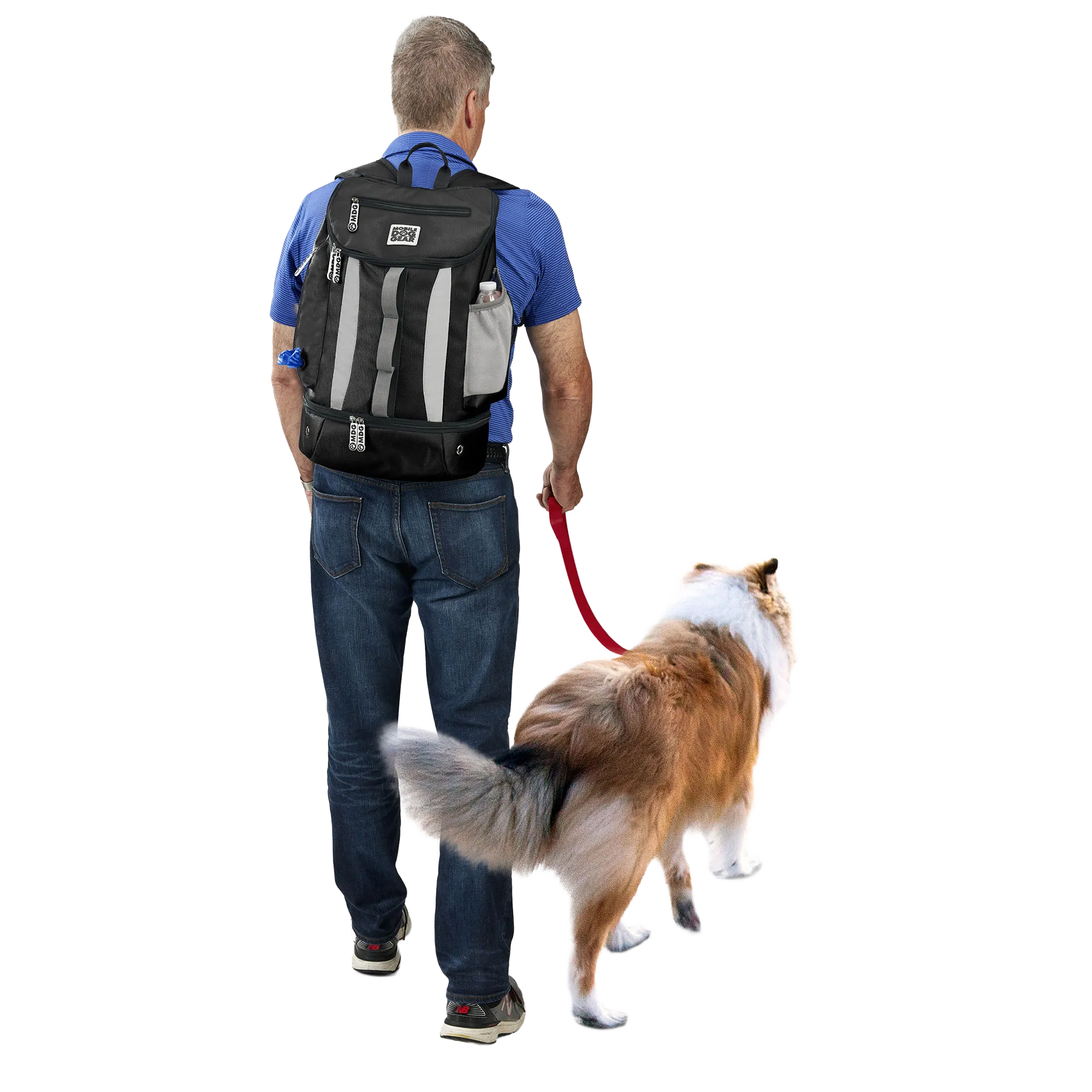Drop Bottom Week Away Backpack,"Back view of backpack worn with dog leash and side bottle pocket"