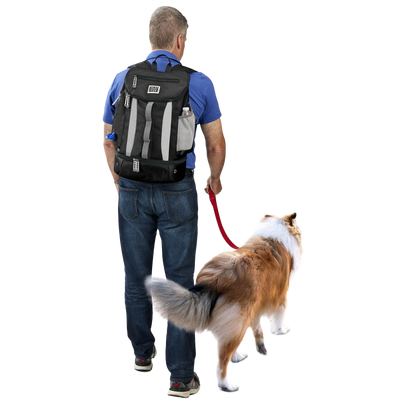 Drop Bottom Week Away Backpack,"Back view of backpack worn with dog leash and side bottle pocket"