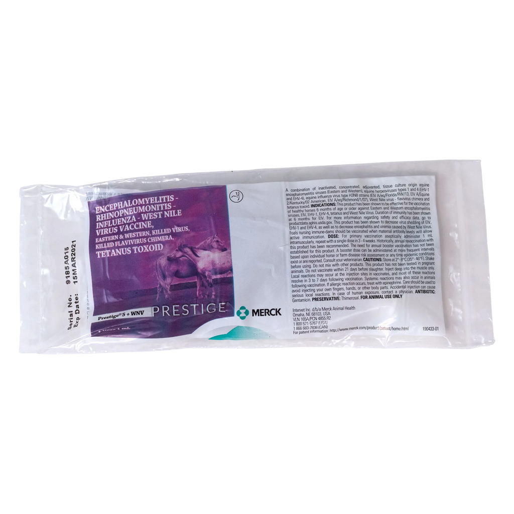 Prestige® 5+ WNV with Havlogen®,"Purple and white foil pouch with horse graphic"
