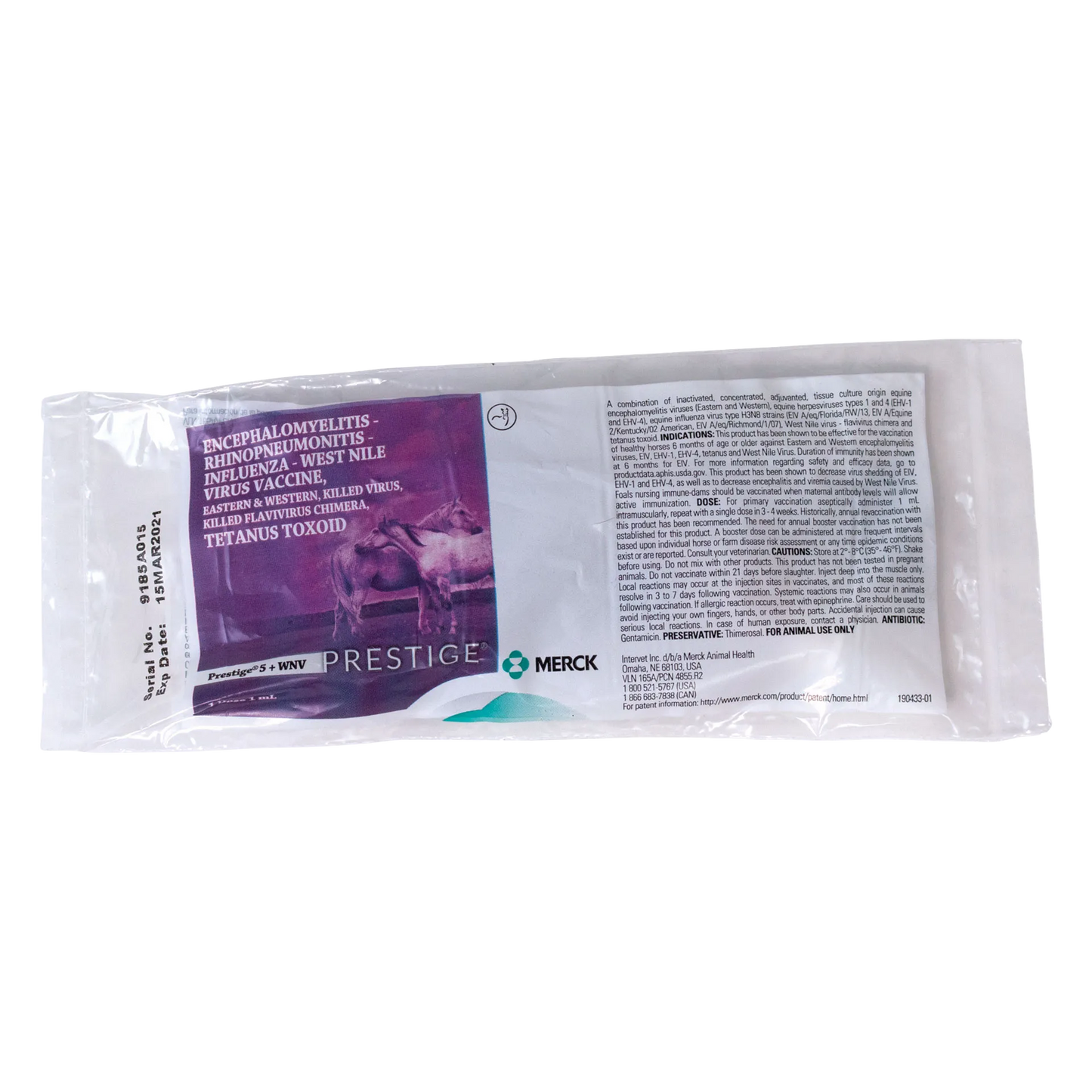 Prestige® 5+ WNV with Havlogen®,"Purple and white foil pouch with horse graphic"