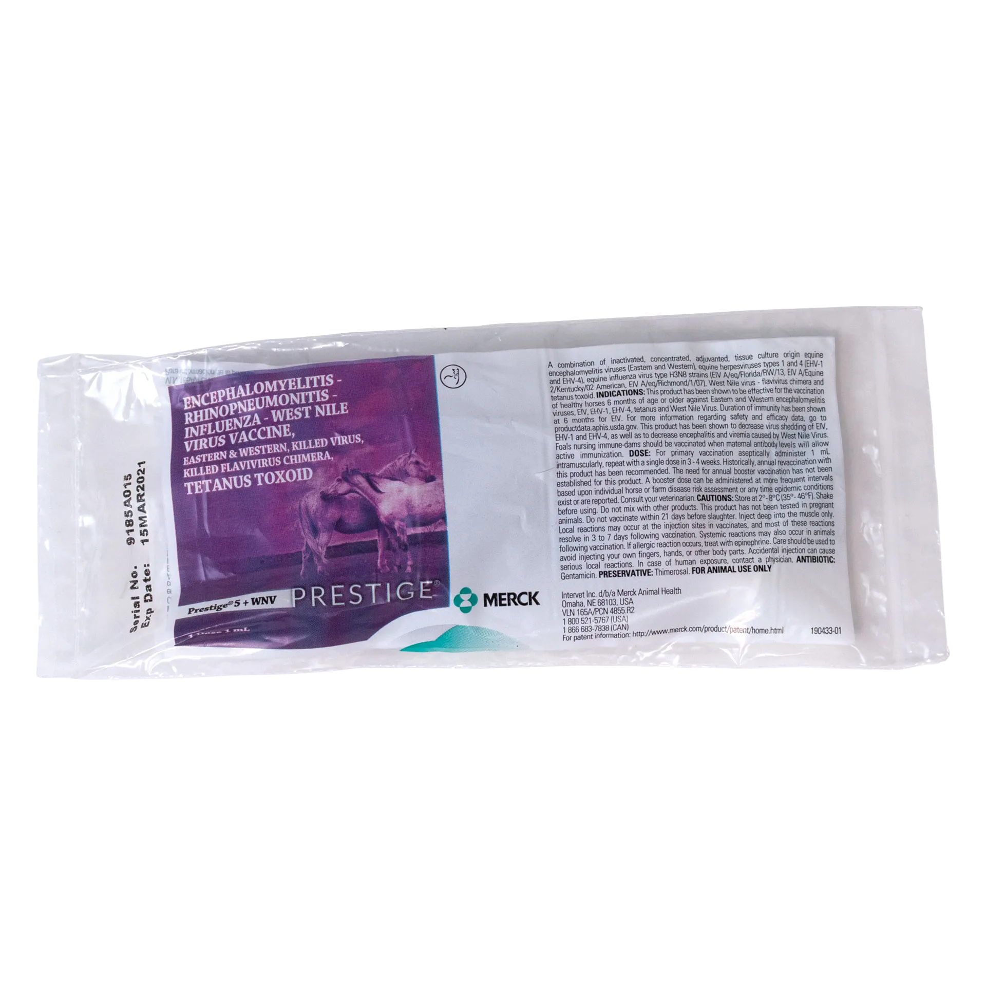 Prestige® 5+ WNV with Havlogen®,"Purple and white foil pouch with horse graphic"