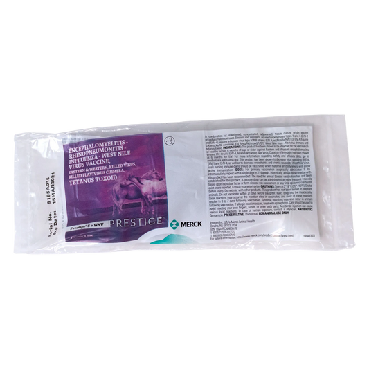 Prestige® 5+ WNV with Havlogen®,"Purple and white foil pouch with horse graphic"