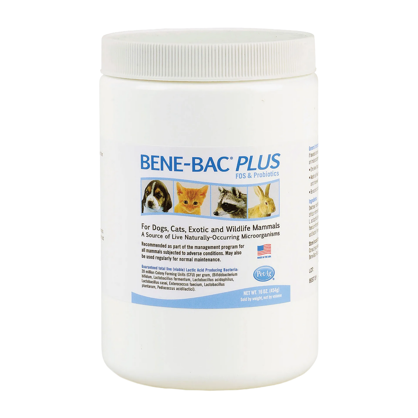 Bene-Bac® Plus,"White plastic jar with ribbed screw-top lid and front label"