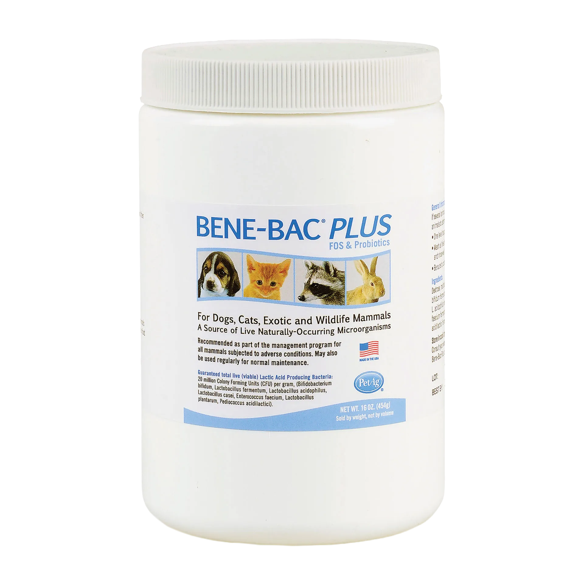 Bene-Bac® Plus,"White plastic jar with ribbed screw-top lid and front label"