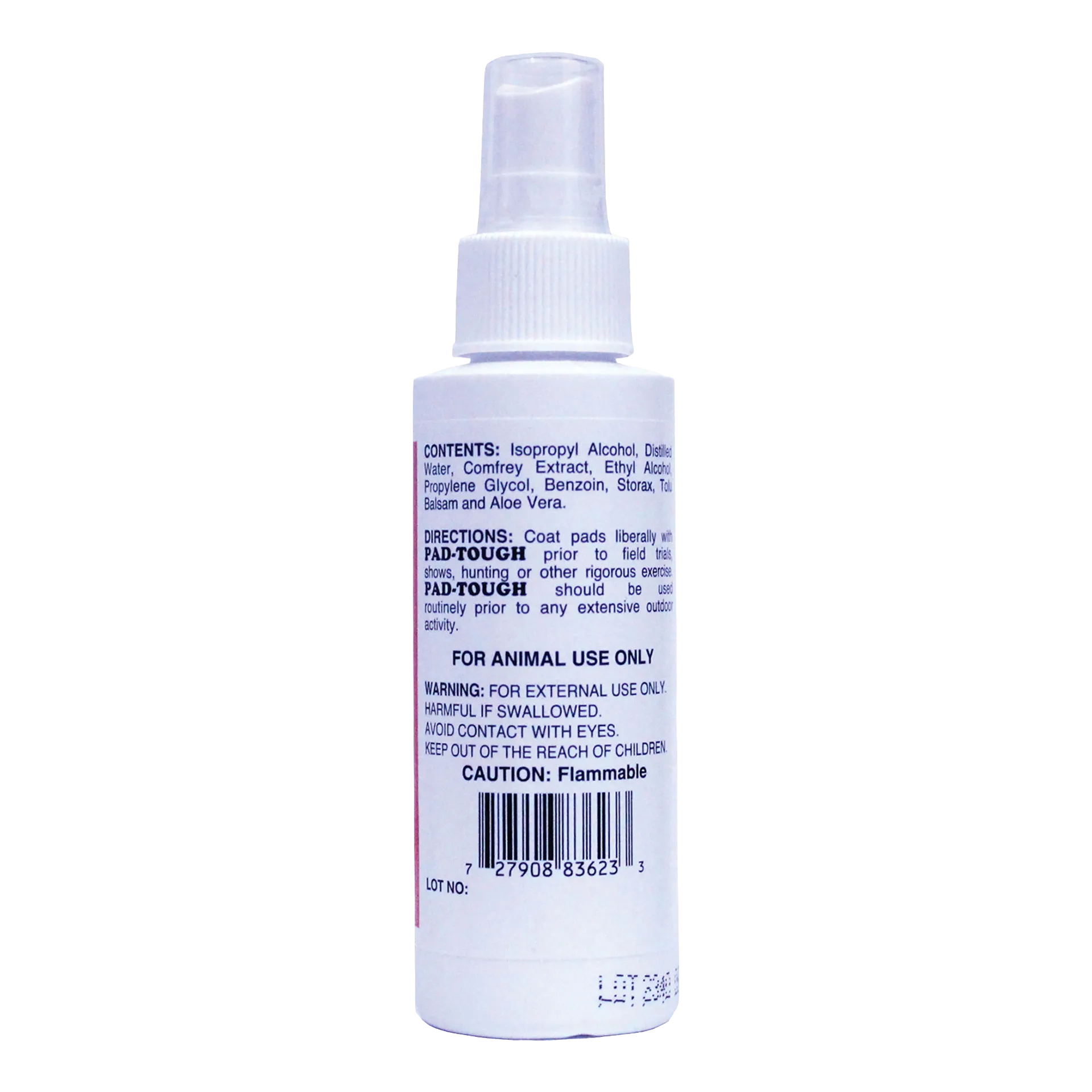 Pad-Tough™,"White spray bottle with nozzle and back label"