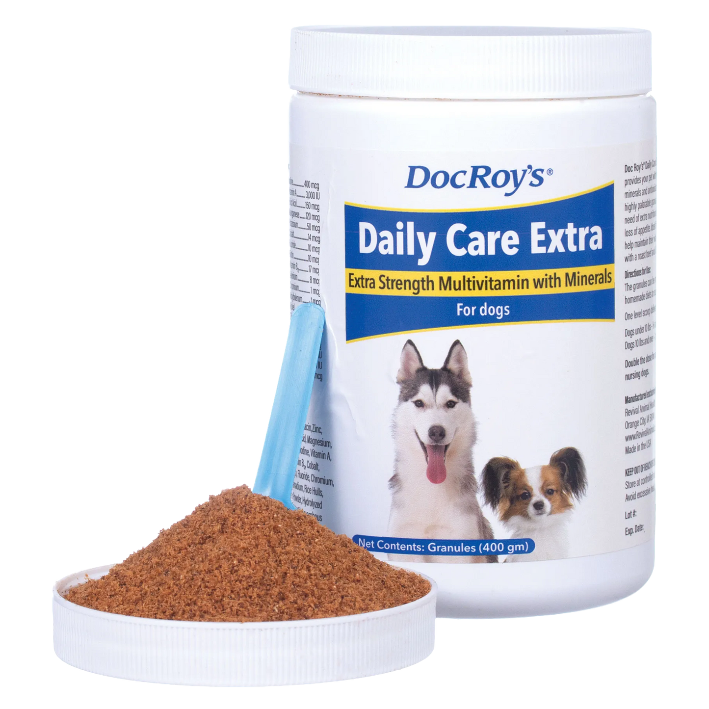 Doc Roy's® Daily Care Extra Canine,"White supplement jar with blue scoop and brown granules"