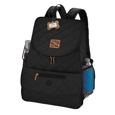 Weekender Backpack,"Black quilted backpack with side bottle pockets"