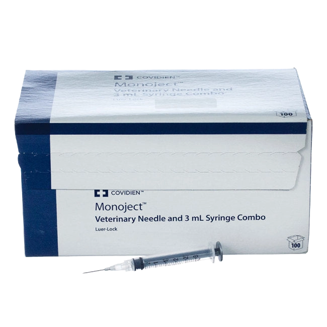 3cc MonoJect™ Syringes with 20 gauge Needles,"Box with syringe and attached needle in front"
