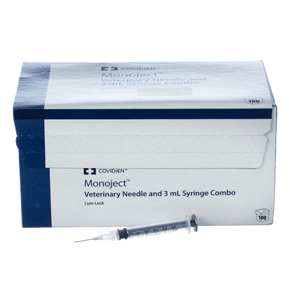 3cc MonoJect™ Syringes with 20 gauge Needles,"Box with syringe and attached needle in front"