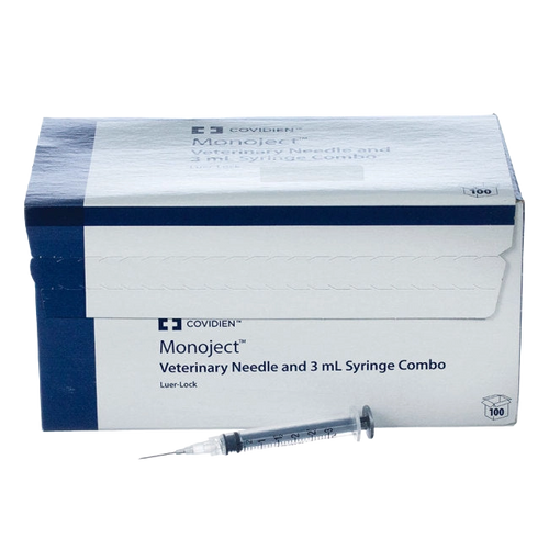 3cc MonoJect™ Syringes with 20 gauge Needles,"Box with syringe and attached needle in front"