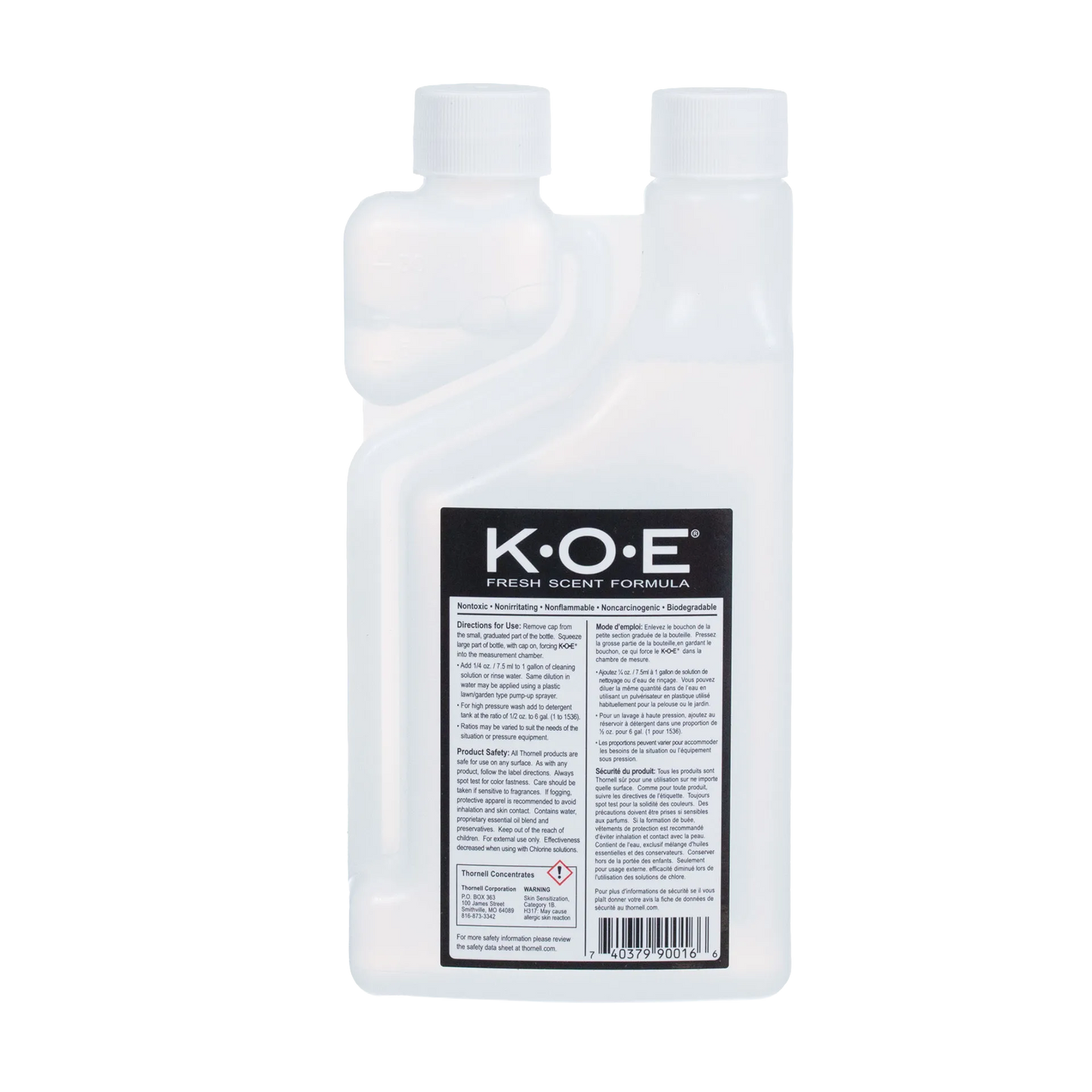 KOE® Kennel Odor Eliminator,"Front view of dual-neck measuring bottle with cap"