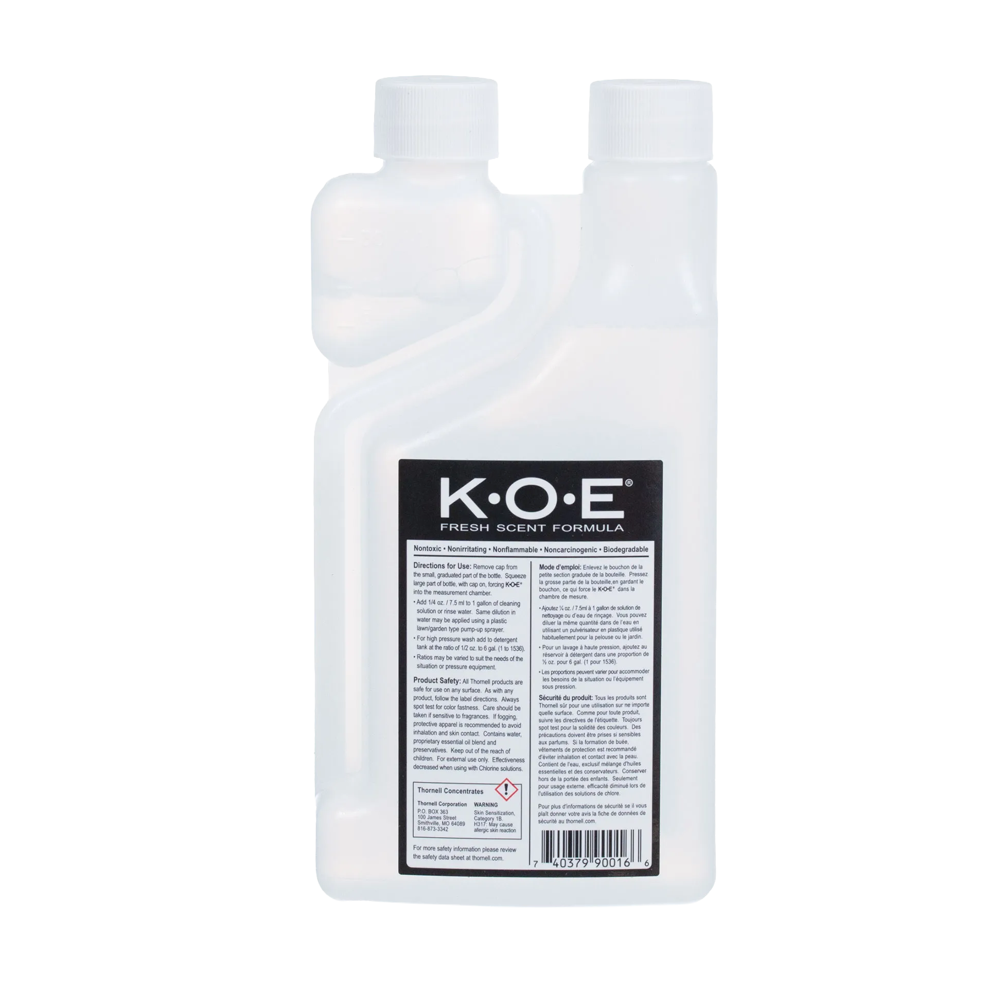 KOE® Kennel Odor Eliminator,"Front view of dual-neck measuring bottle with cap"