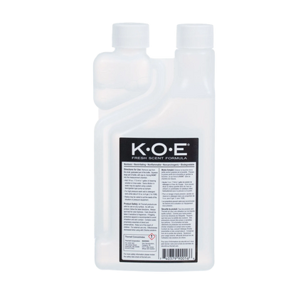 KOE® Kennel Odor Eliminator,"Front view of dual-neck measuring bottle with cap"