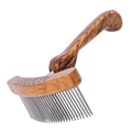 Aaronco Rake Superior Undercoat'r,"Wood-handled grooming rake with curved metal teeth"