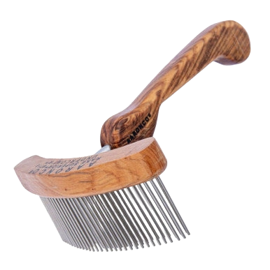 Aaronco Rake Superior Undercoat'r,"Wood-handled grooming rake with curved metal teeth"
