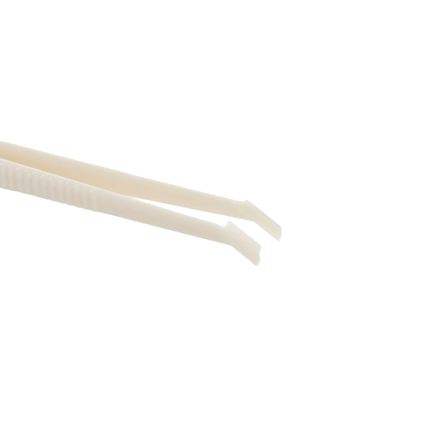 Polyester Straw Tweezer,"Close-up of angled tweezer tips with ridged handle"