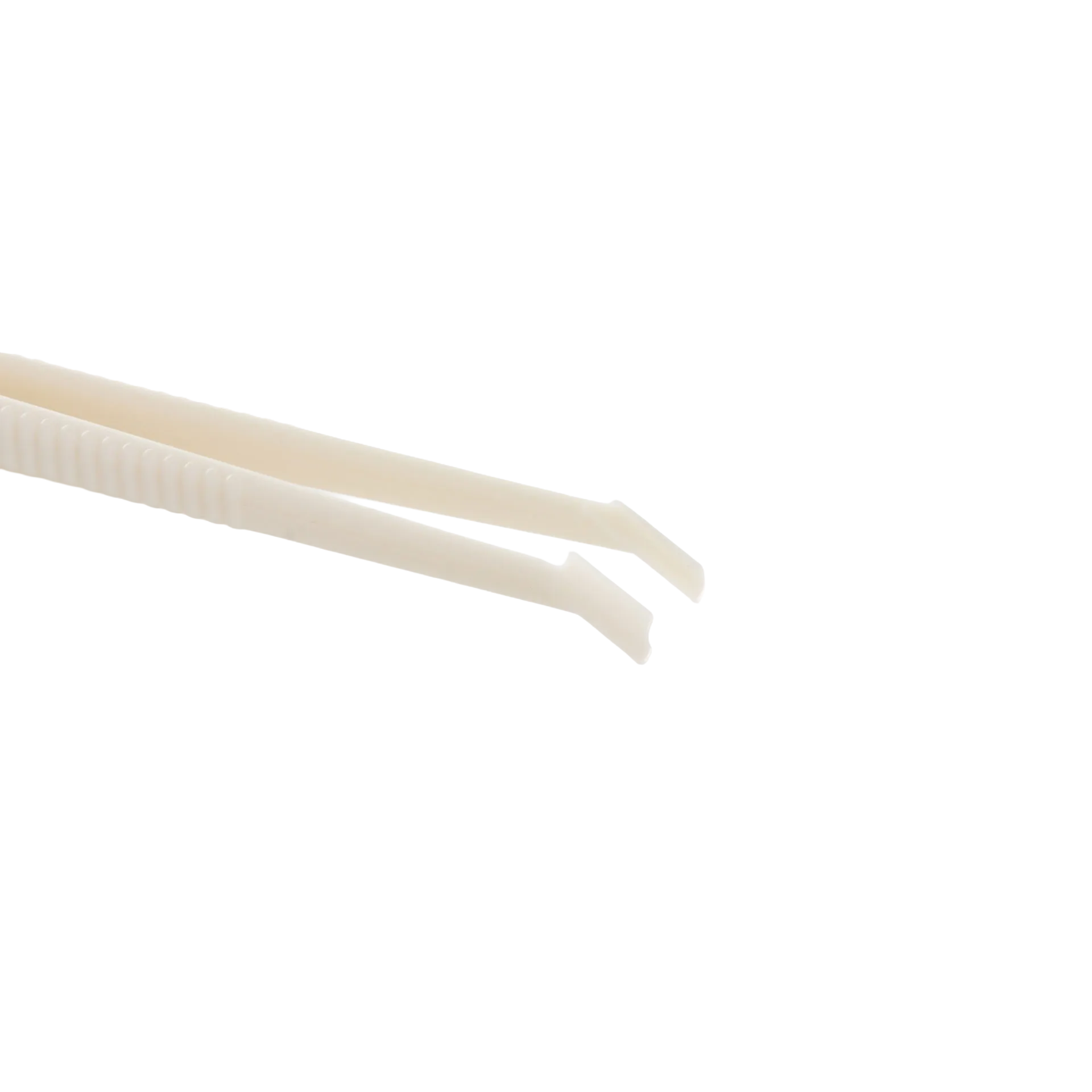 Polyester Straw Tweezer,"Close-up of angled tweezer tips with ridged handle"