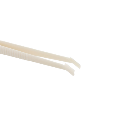 Polyester Straw Tweezer,"Close-up of angled tweezer tips with ridged handle"