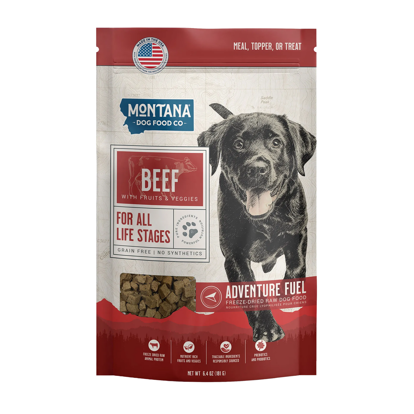 Adventure Fuel: Freeze-Dried Raw Dog Food,"Dog food bag with black dog illustration and kibble window"