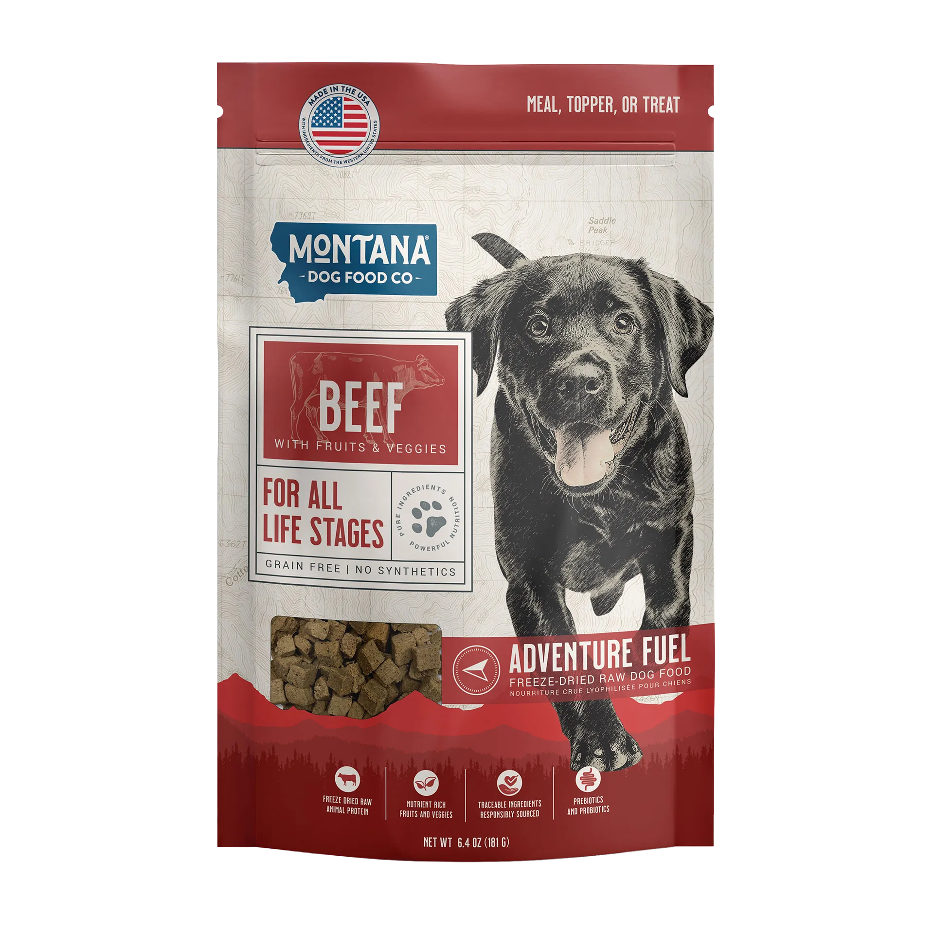 Adventure Fuel: Freeze-Dried Raw Dog Food,"Dog food bag with black dog illustration and kibble window"