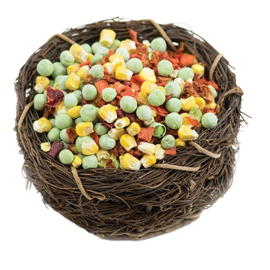 Karen's Naturals Just Veggies Dried Bird Treats,"Bird treat mix in woven nest bowl"