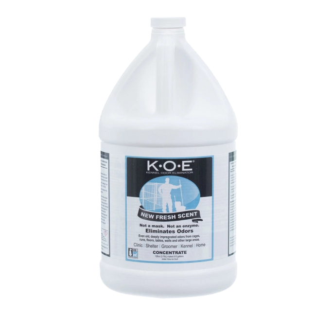 KOE® Kennel Odor Eliminator,"Large white gallon bottle with screw cap and front label"