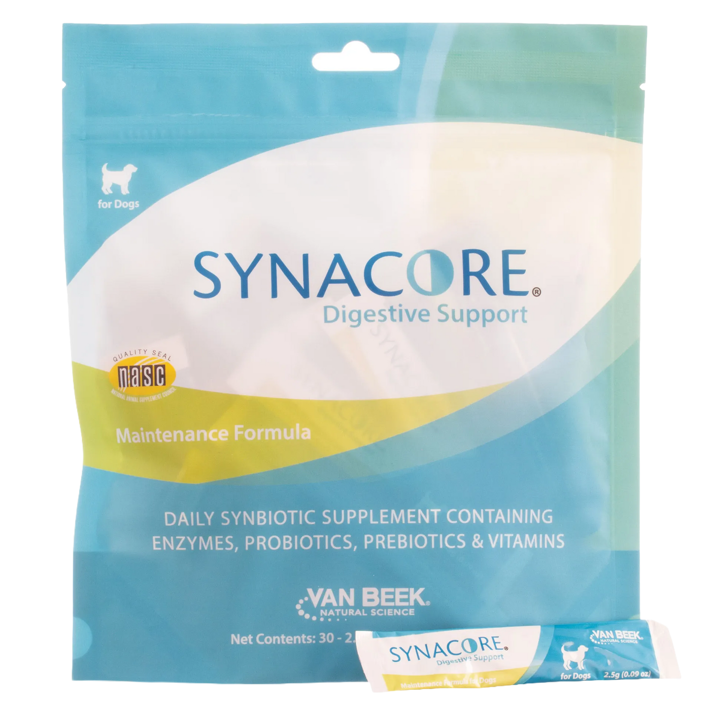 Synacore® for Dogs & Cats,"Blue product pouch with single sachet packet in front"