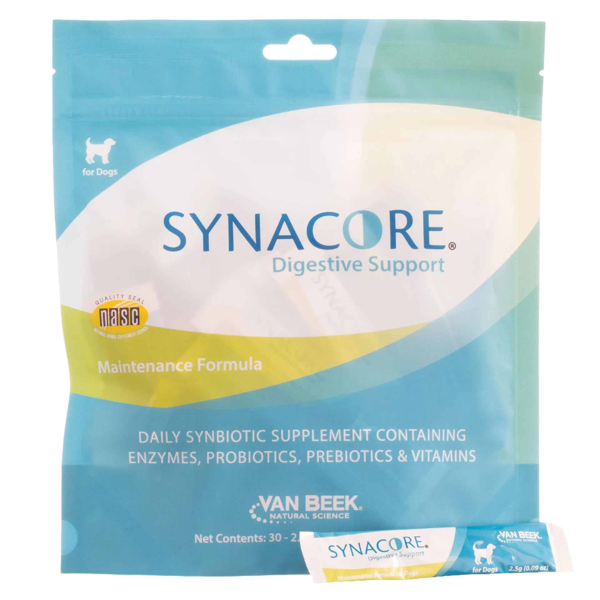 Synacore® for Dogs & Cats,"Blue product pouch with single sachet packet in front"