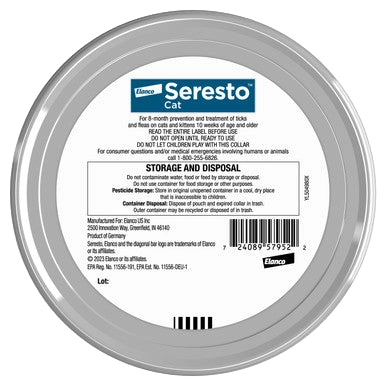 Seresto® Flea & Tick Collars for Cats & Dogs,"Round metal tin with cat collar label on lid"